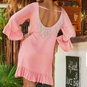 BOSTON PROPER Pink Gold Embellished Beaded Fringe Mini Dress Size S‎ Vacation